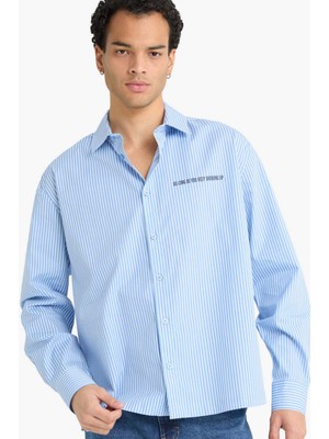 DeFacto Boxy Fit Baskılı Çizgili Dokuma Uzun Kollu Gömlek G2893AX25AU