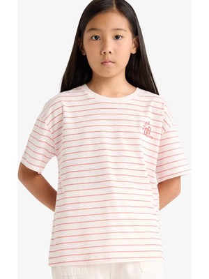 DeFacto Kız Çocuk Relax Fit Bisiklet Yaka Çizgili Kısa Kollu Tişört E9650A825AU