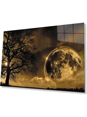 Dünya Ay Ağaç Gece Manzaralı Fütüristik Cam Tablo 4mm Dayanıklı Temperli Cam Earth Moon Tree Night