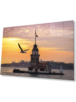Gün Batımı Kız Kulesi Cam Tablo 4mm Dayanıklı Temperli Cam Sunset Maiden's Tower Glass Wall Art