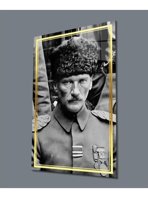 Atatürk Portre Dikey Siyah Beyaz Cam Tablo Hediyelik Büyük Tablo Ev Ofis Dekoru