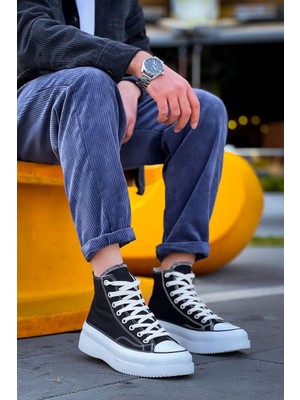 Gabin Uzun Siyah Beyaz Keten Yüksek Taban Erkek Spor Ayakkabı