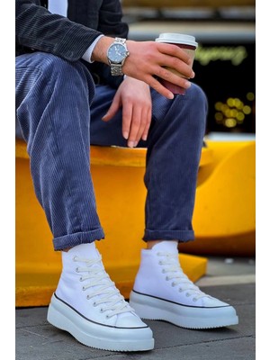 Gabin Uzun Beyaz Keten Yüksek Taban Erkek Spor Ayakkabı