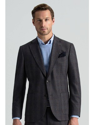 Italyan Yün Kaşmir Karışım Ekose Desen Antrasit Blazer Ceket
