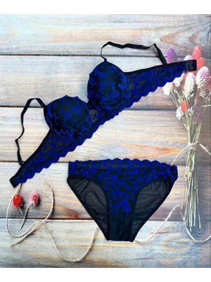 Lusi Store Mavi Kadife Işlemeli Südyen Takımı