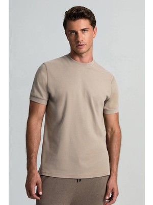 Saf Pamuk Bisiklet Yaka Vizon Rengi Basic T-Shirt