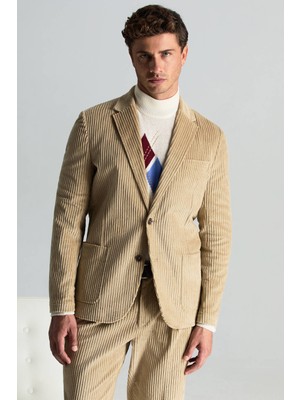 Pamuk Karışımlı Çizgi Desen Camel Kadife Blazer Ceket