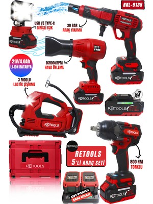 Retools 5’li Set Kırmızı Kabartmalı Araç Seti (800 Nm Torklu – Araç Yıkama – Işık – Lastik Şişirme – Hava Üfleme)