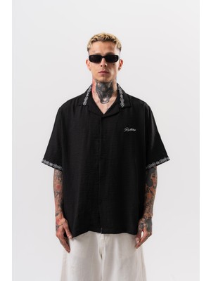Erkek Ruthless Nakışlı Oversize Gömlek Siyah
