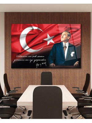 Atatürk Portre Cam Tablo Vatanını En Çok Seven Görevini En Iyi Yapandır Kurum Hediyelik Büyük Tablo