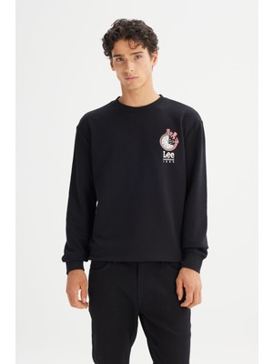 Regular Fit Normal Kesim Bisiklet Yaka Baskılı Siyah Sweatshirt