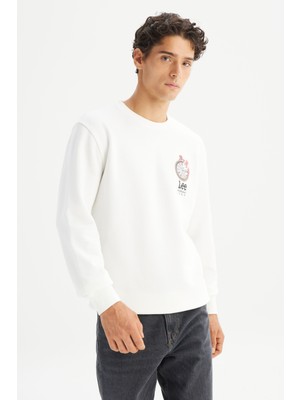 Regular Fit Normal Kesim Bisiklet Yaka Baskılı Kırık Beyaz Sweatshirt