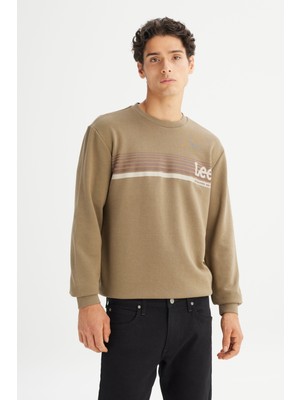 Regular Fit Normal Kesim Bisiklet Yaka Baskılı Haki Sweatshirt