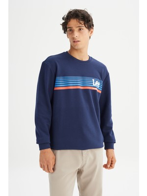 Regular Fit Normal Kesim Bisiklet Yaka Baskılı Lacivert Sweatshirt
