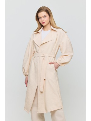 4579A Kuşaklı Kol Lastikli Trençkot Taş