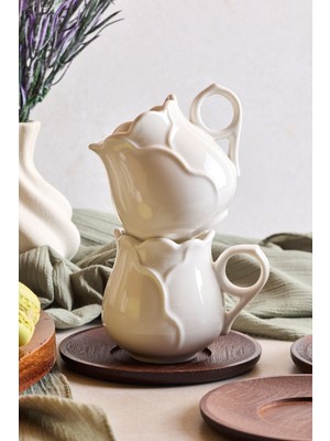 Dark Gül Yaprağı 6'lı Akasya Tabaklı Modern Porselen Kahve Fincanı Seti