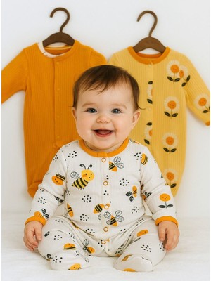Tuem Baby Tuembaby % 100 Pamuk Desenli Uzun Kollu Unisex Patikli 3'lü Bebek Tulumu