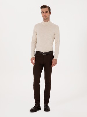 Cacharel Erkek Bej Slim Fit Yün Karışımlı Yarım Balıkçı Basic Triko Kazak 50315296-VR011