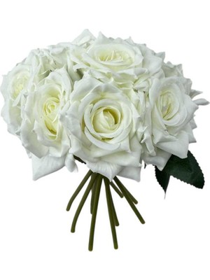 Yapay Çiçek Beyaz Gül 10LU Demet Gelin Çiçeği Buketi Masa Üstü Vazo Çiçeği 25CM