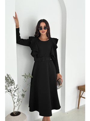 Neşeli Butik Kadın Kol Fırfırlı Kemerli Midi Boy Elbise NBK4309