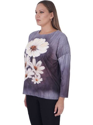 Maxlive Büyük Beden Kabartma Çiçek Boyama Boncuk İşleme Kışlık Bluz