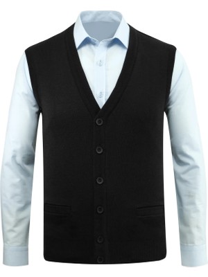 Erkek Düğmeli Yelek Triko Cepli Çelik Örgü Klasik Kalıp - 5200L