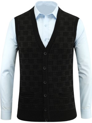 Erkek Düğmeli Yelek Cepli Kabarmalı Çelik Örgü Klasik Kalıp - 5215L