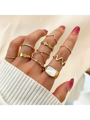 10 Adet Yüzük Seti Mineli Eklem Yüzük Seti Kadın Gold Yüzük Ayarlanabilir Incili Yüzük SETI-111