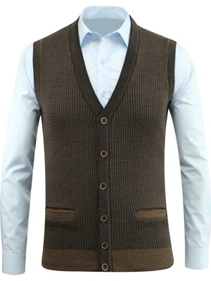 Erkek Düğmeli Yelek Cepli Desenli Çelik Örgü Klasik Kalıp - 5208L