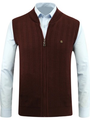 Erkek Fermuarlı Triko Yelek Çelik Örgü Desenli Cepli Klasik Kalıp - 5209J