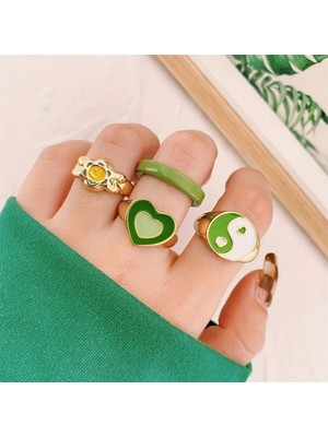 4 Adet Adet Kaliteli Kaplama Gold Renk Eklem Yüzük Seti Vıp Yeşil Mineli Çoklu Yüzük SETI-105