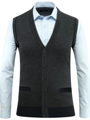 Erkek Düğmeli Yelek Cepli Desenli Çelik Örgü Klasik Kalıp - 5208L
