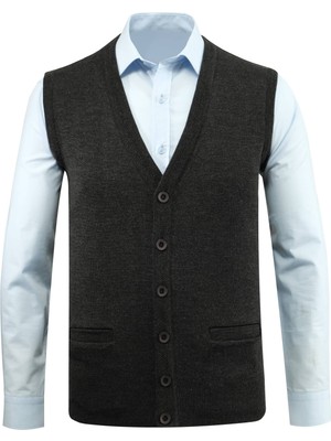 Erkek Düğmeli Yelek Triko Cepli Çelik Örgü Klasik Kalıp - 5200L