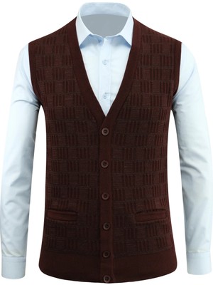 Erkek Düğmeli Yelek Cepli Kabarmalı Çelik Örgü Klasik Kalıp - 5215L