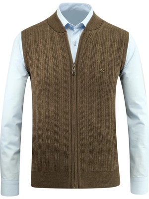 Erkek Fermuarlı Triko Yelek Çelik Örgü Desenli Cepli Klasik Kalıp - 5209J