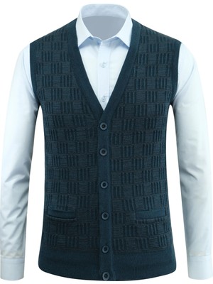 Erkek Düğmeli Yelek Cepli Kabarmalı Çelik Örgü Klasik Kalıp - 5215L