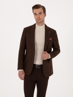 Cacharel Erkek Kahverengi Slim Fit Yün Karışımlı Flanel Görünümlü Ceket 50310747-VR029