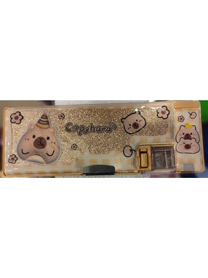 Capybara Figürlü 3 Bölmeli Kalemtraşlı Simli Kalem Kutusu AD66598