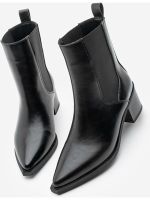 Marjin Kadın Sivri Burun Kalın Topuklu Çift Lastikli Topuklu Bot Ropes Siyah