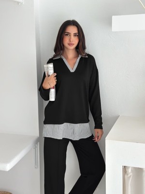 Polo Yaka Gömlek Detay Salaş Balon Pantolunlu Ikılı Takım