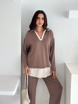 Polo Yaka Gömlek Detay Salaş Balon Pantolunlu Ikılı Takım