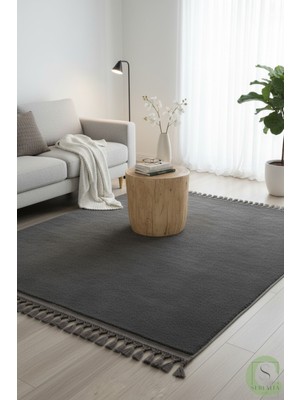 Post/peluş Yıkanabilir Kaymaz Taban Yumşacık Antrasit Örgü Saçaklı Modern ve Şık Salon Oturma Odası Mutfak Çocuk Odası Koridor Antre Halısı
