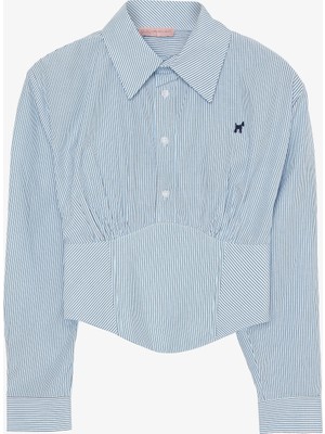 Nakış Işlemeli Çizgili Korse Gömlek Mavi