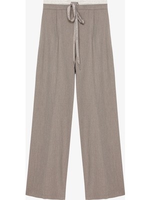Çift Bel Detaylı Bağcıklı Bol Paça Pantolon Gri