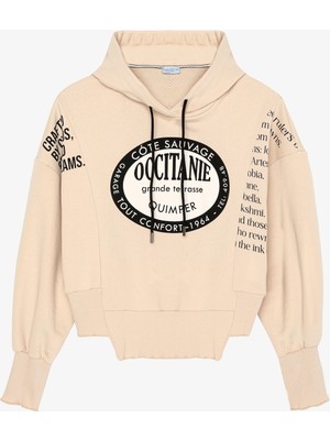 Yırtık Detaylı Yazı Baskılı Oversize Sweatshirt Taş