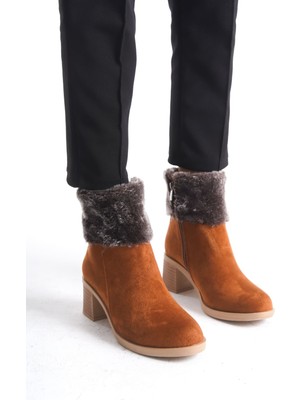 Katya Fermuarlı Ortopedik Taban Topuklu Kürk Detaylı Süet Kadın Bot  Stt - Taba