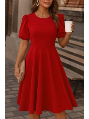 Sosostyle Kadın Kısa Balon Kollu Bisiklet Yaka Geniş Kesim Janjan Krep Elbise