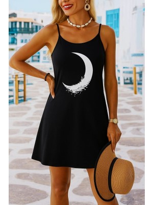 Arben Boutique Kadın Ip Askılı Ay Desenli Viskon Elbise