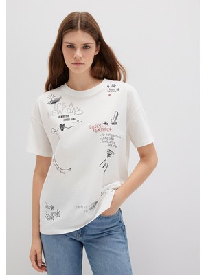 Mavi Baskılı Ekru Tişört 1613327-70057