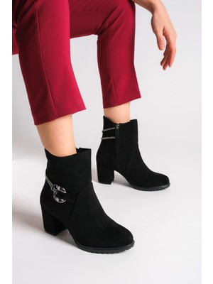Edna Fermuarlı Ortopedik Taban Taşlı Topuklu Süet Kadın Bot Sst - Siyah